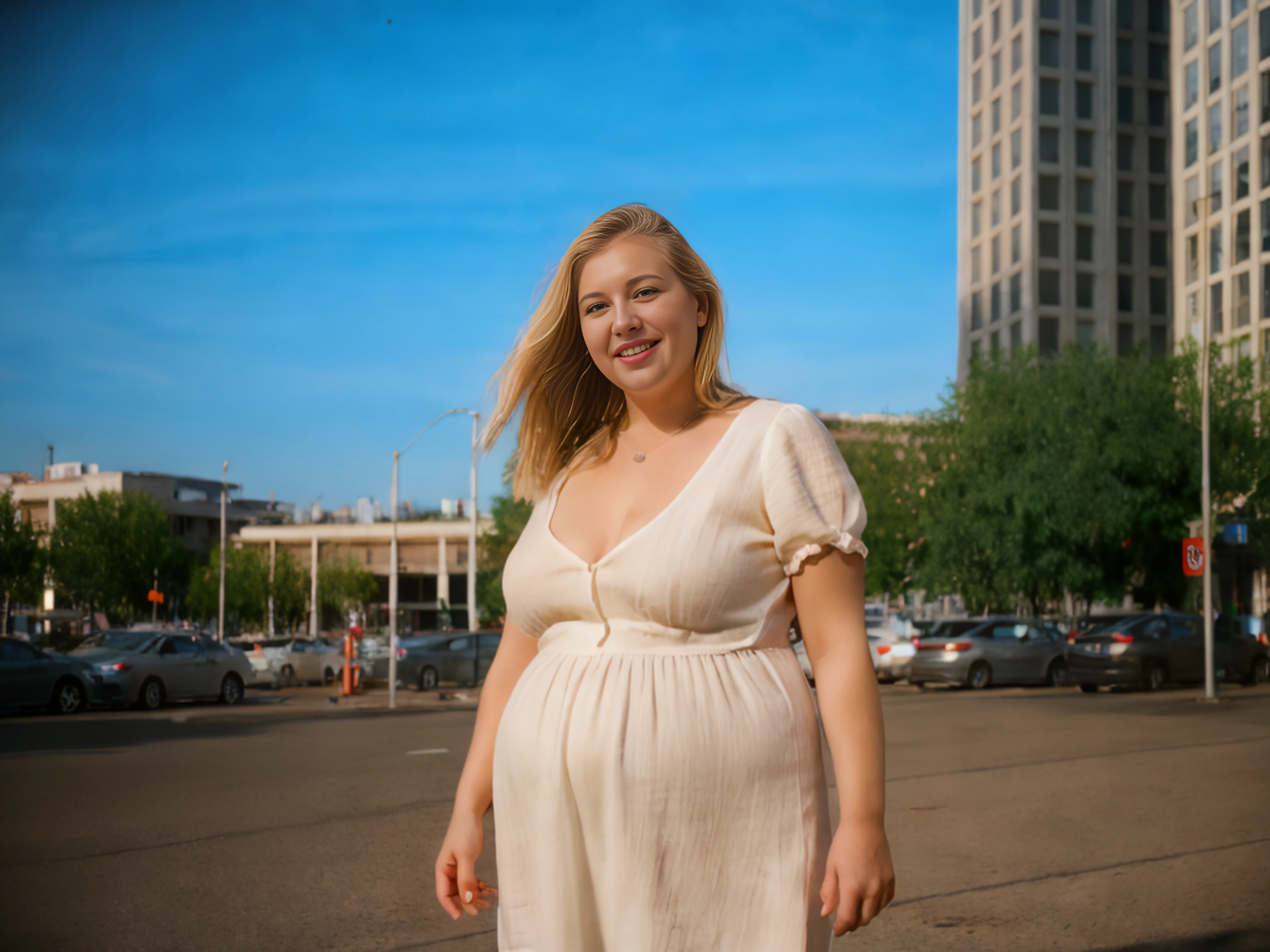 (50mm color film photograph:1.1) of a (chubby:1.3) (blonde German woman:1.2) with a (unconventionally pretty face:1.3), (gentle smile) and (small breasts:1.2), wearing a (cute and (modest:1.1) white linen dress:1.2), (demure pose:1.2), (wide open aperture blurry background:1.4) of an (empty:1.2) city street corner, early morning, (modern city:1.2), (riverside:1.1), (saturated color:1.2), (subsurface scattering:1.3), (bright fill flash:1.3), (european city:1.2), (volumetric lighting:1.3), (film grain:1.3), <lora:Berlin_Textures_LoRA-000001:0.6> <lora:face_average:0.6>  <lora:epiCRealLife:0.7> <lora:breastsizeslideroffset:-0.2> <lora:busty-empty-main_v0.5-locon-sd15-expand-crop-lr40-4ep-d32a16d32a16-grad3-b1:0.65>  <lora:LowRA:0.65>,  epiCPhoto, <lora:epiC35mm:0.65>,  <lora:Hand v3 SD1.5:0.65>