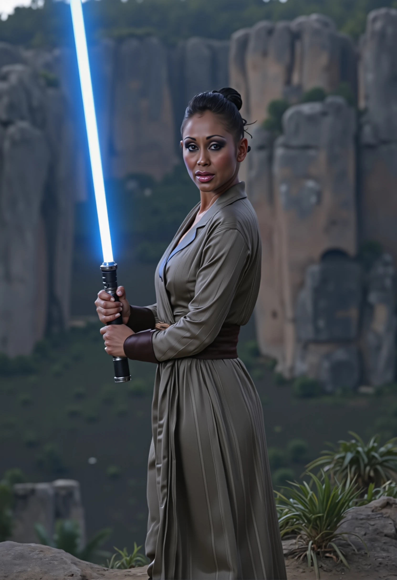 a raw high resolution sharp photo of Priya_Rai, highly detailed skin, her hair is styled in a bun, she is wearing a jedi robe, the photo is a full body shot, she is standing near a cliff while holding a lightsaber, the photo is symmetrical, depth of field, volumetric lighting, the lighting is dramatic and moody