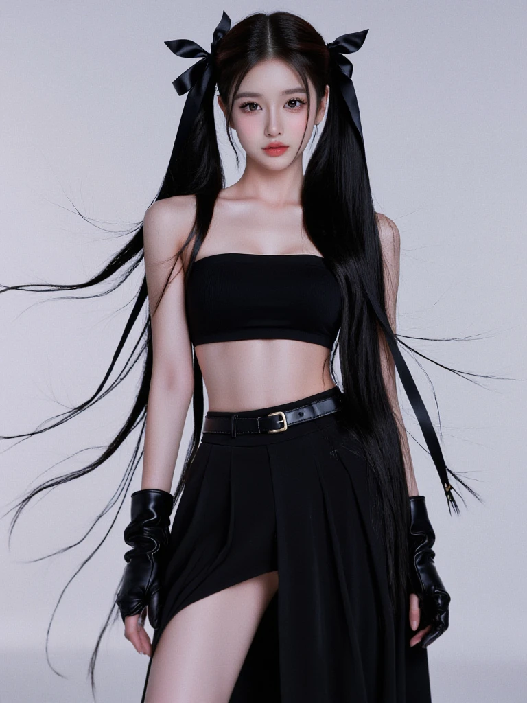 jisso style,1girl, solo, long hair, full body, fashion pose, looking at viewer, black hair, realistic, 8k, best quality,