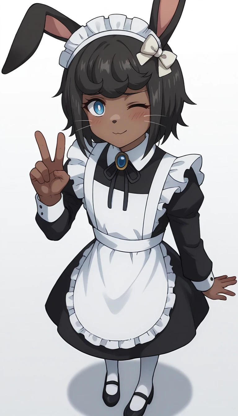 score_9, score_8_up, score_7_up, source_anime, 1boy, solo, crossdressing, dark hair, bangs, blue eyes, white pupils, dark skin, rabbit ears, medium hair, whiskers, animal nose, closed mouth, smile, embarrassed, full face blush, maid, maid headdress, frills, long sleeves, white apron, long black dress, hair bow, white bow, brooch, neck ribbon, white pantyhose, black footwear, standing, looking at viewer, dynamic pose, v, one eye closed, from above, simple background, white background, <lora:Headhunter_Overlord_PonyXL:0.8>, Headhunter \(overlord)\,