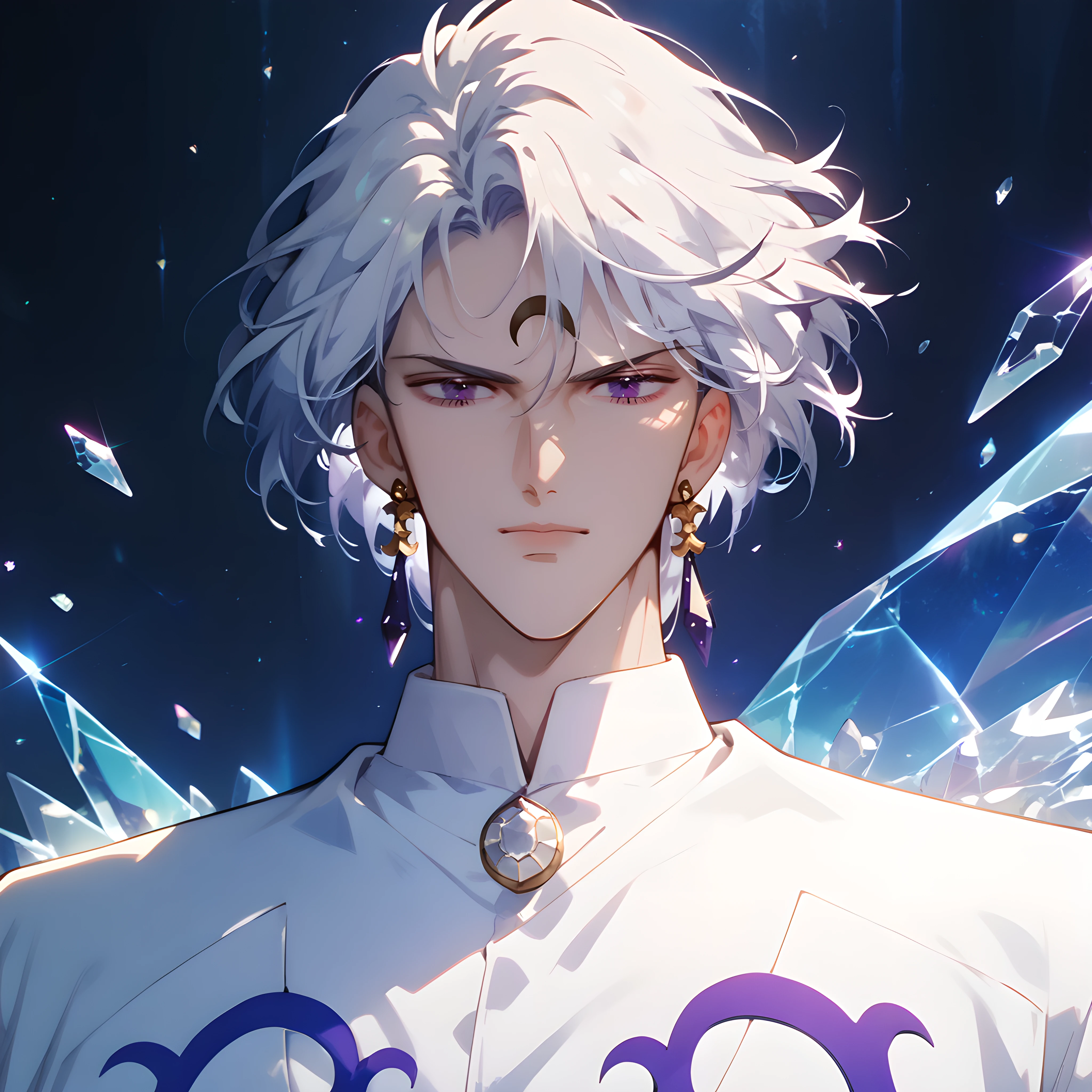 score_9, score_8_up, score_7_up, score_6_up, score_5_up, score_4_up, 1boy, male focus, <lora:Diamond_Sailor_Moon:1> diamond_sm, purple eyes, white hair, crescent facial mark, earrings, slim, lots of details, best aesthetic, masterpiece, best quality, absurdres