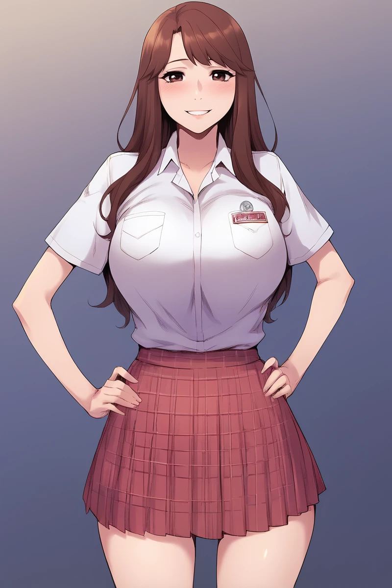 score_9, score_8_up, score_7_up, score_6_up, score_5_up, score_4_up, source_anime, flat color, 2d, BREAK.
cowboy shot, thighs,
standing, contrapposto, hands on own hips, BREAK.
looking at viewer, smile, blush, BREAK.
school uniform, white shirt, collared shirt, short sleeves, red skirt, pleated skirt, plaid skirt, breast pocket, name tag, BREAK.
woomihee, 1girl, solo, brown eyes, brown hair, long hair, bangs, large breasts,
<lora:SilentWar_(Webtoon)_All-In-One_v1:1>, silentwarstyle,