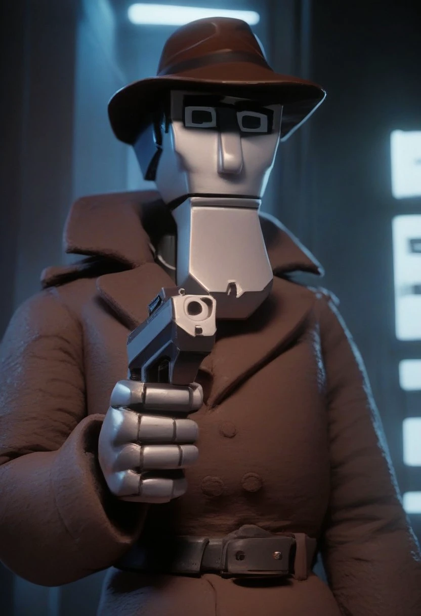 score_9_up, score_8_up, score_7_up, score_6_up, dick_spanner, 1boy, solo, robot, brown fedora, brown trench coat, belt,, holding a handgun, (in a detectives office), noir lighting, (painted art)