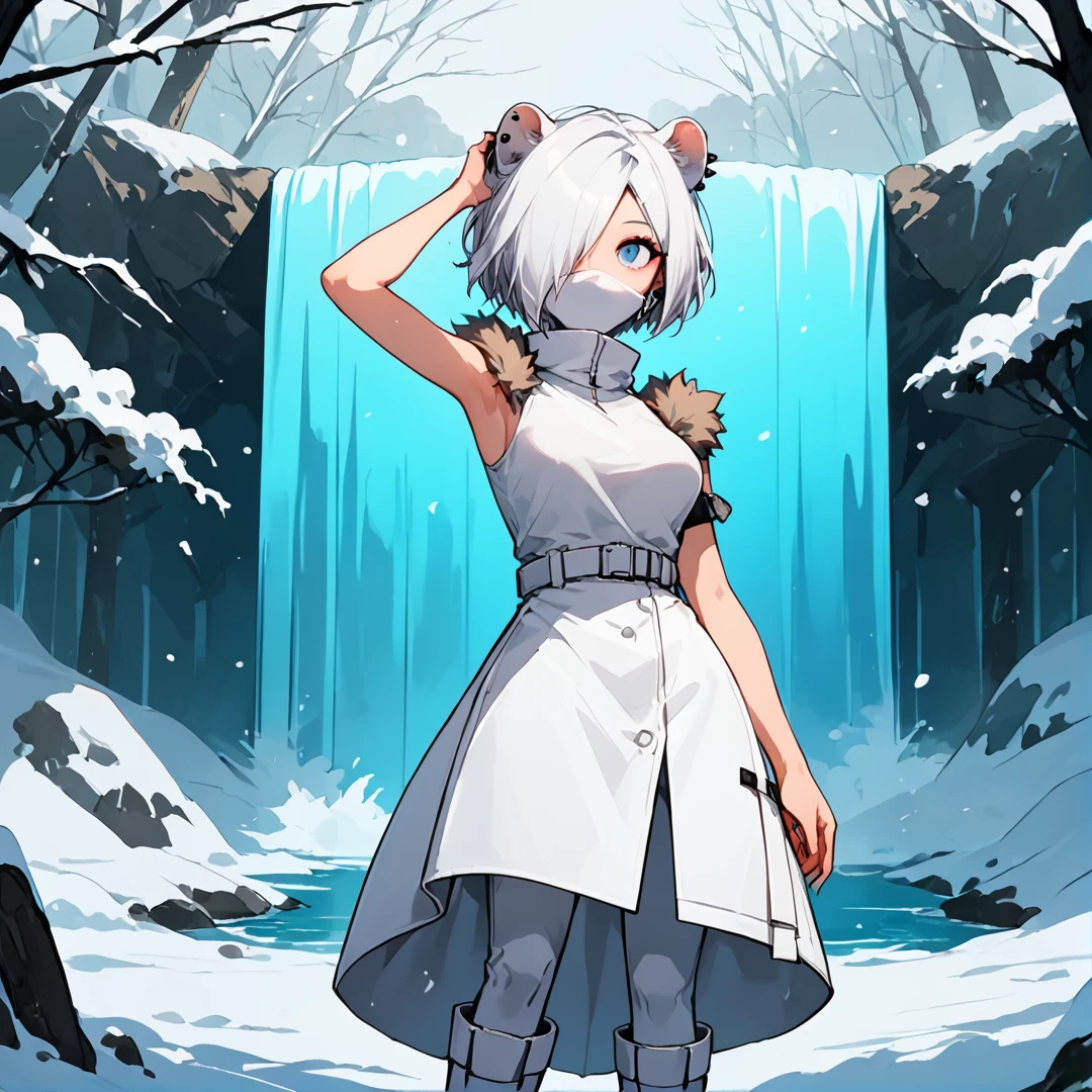 anime artwork Masterpiece, high quality, score_9, score_8_up, score_7_up, 1girl, cowboy shot, forest, waterfall, winter, hand in own hair, wind, facing viewer, akshirayuki, weasel ears, white tail, blue eyes, white hair, hair over one eye, ear piercing, shirayuskin, fur trim, official alternate costume, white hair, white mask, no mouth, white boots, white clothes, sleeveless, white pants, white overskirt, belt accessory, undershirt, short sleeves <lora:Shirayuki v5-000011:0.75> . anime style, key visual, vibrant, studio anime,  highly detailed