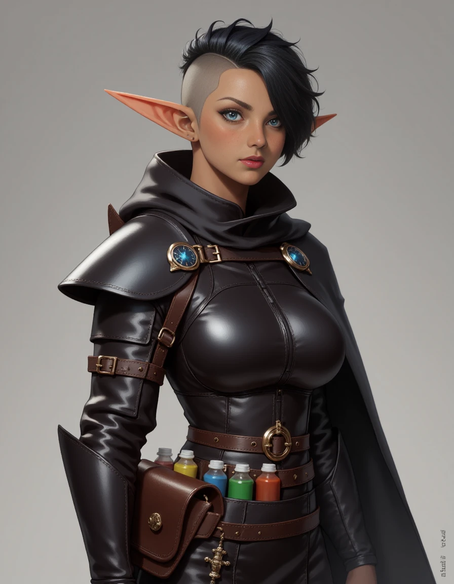 realistic photo full body of 1girl aibell_sr, black short hair with shaved head side, undercut, detailed skin and blue eyes, and very long pointy ears, wearing a dark leather armor, a black cloak and a belt full of small potion bottles of different colors, <lora:Aibell_flux:1>