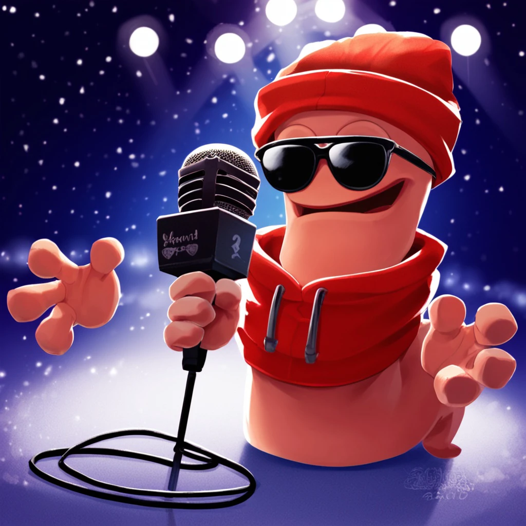 score_9, score_8_up, score_7_up, score_6_up, score_5_up, score_4_up, rating_safe
The picture depicts a (((worm with a simple limbless body))) singing into a microphone on stage with lights. ((He's holding a microphone with his 2 cartoon disembodied hands)). He has short spiky red hair, he's wearing sunglasses and a simple (sleeveless) hoodie body clothing
wormsteam17, rumbleworm, worm, (((armless))), (((legless))), solo, 1worm, (eyebrows), worm face, worm head