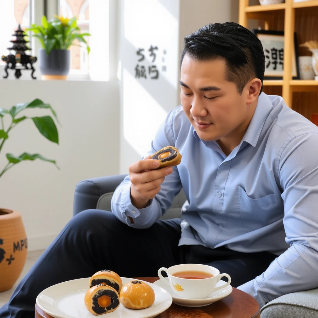 Full body shot of a man enjoying a Taiwanese egg yolk pastry (dan huang su) in a casual setting. The man, in his mid-30s with short black hair, is seated comfortably on a modern sofa or armchair. He's dressed in smart casual attire - perhaps a light blue button-down shirt and dark jeans.
He's leaning slightly forward, focused on the pastry in his hand. The dan huang su is partially eaten, revealing its golden-brown exterior and the dark filling with a hint of yellow egg yolk. His expression is one of enjoyment, eyes slightly closed as he takes a bite.
On a small coffee table in front of him, there's a plate with a few more pastries and a cup of tea, suggesting a relaxed afternoon snack. The room has a contemporary Asian feel, with minimalist decor and perhaps a potted plant or calligraphy art visible in the background.
Natural light streams in from a nearby window, highlighting the pastry and casting a warm glow on the scene. The overall image captures a moment of simple pleasure, showcasing both the appealing food and the relaxed atmosphere