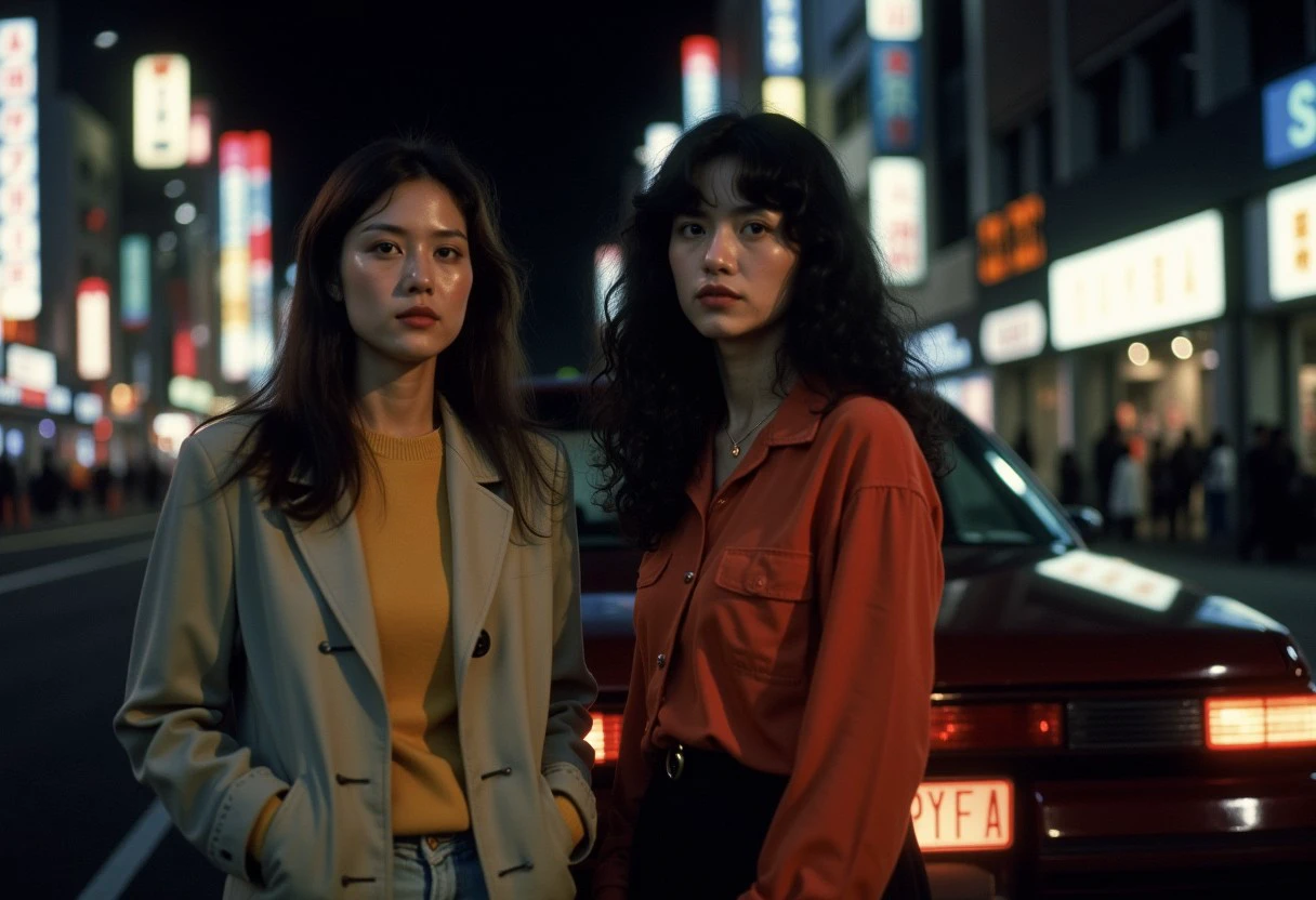 A photo of a two woman in front of a car, 90s , in the streets of tokyo, at night, 90STOKYO