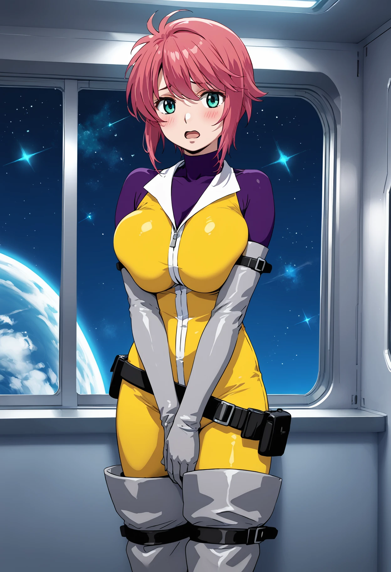 score_9, score_8_up, score_7_up, score_6_up, score_ANIME,1girl, feldtgrace,yellow jumpsuit, feldtmovie,  1girl, solo, turtleneck bodysuit, pink hair, open collar, belt, elbow gloves, green eyes, short hair, huge breasts,,  <lora:feldt_grace_pony:0.8>, looking at viewer,  blush,  open mouth, window, space, night sky,  embarrassed, thigh boots,  own hands together,  (breasts squeezed together:1.5),