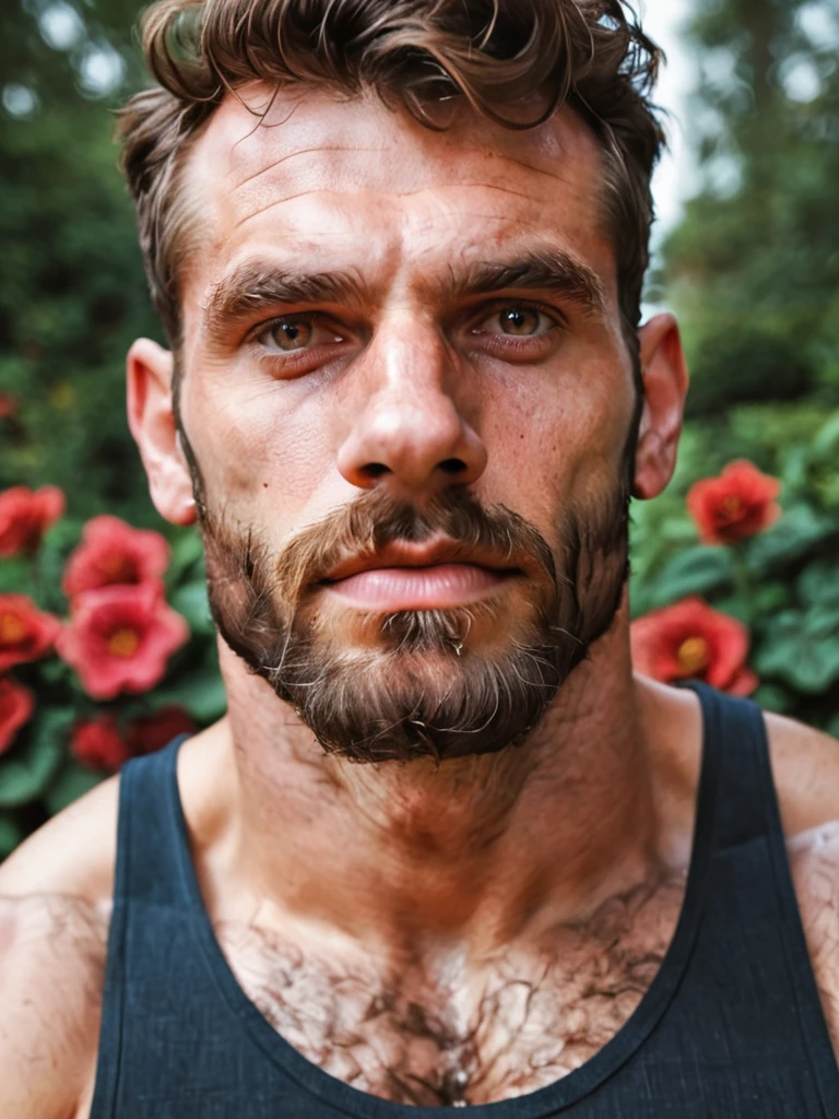 score_9, score_8_up, score_7_up, score_6_up, score_5_up, score_4_up, hyperrealistic, close up face,, man standing in garden, hairy body, brown-eyes, sunny day, jeans, tank-top, masterpiece, best quality, athletic,<lora:TrSerkan-Fuat-Pony-v1:0.7>