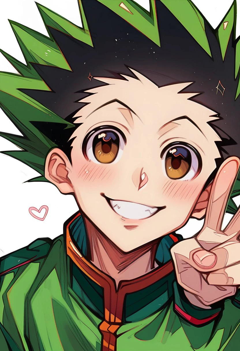 anime artwork, score_9, score_8_up, score_7_up, score_6_up, score_5_up, solo, 1boy, male focus, masterpiece, best quality, source_anime, detailed eyes, detailed hair, looking at viewer, soft smile, blushing, young, HXH, peace sign, 
GON FREECSS, SPIKED HAIR, BLACK HAIR, GREEN HAIR, BROWN EYES,