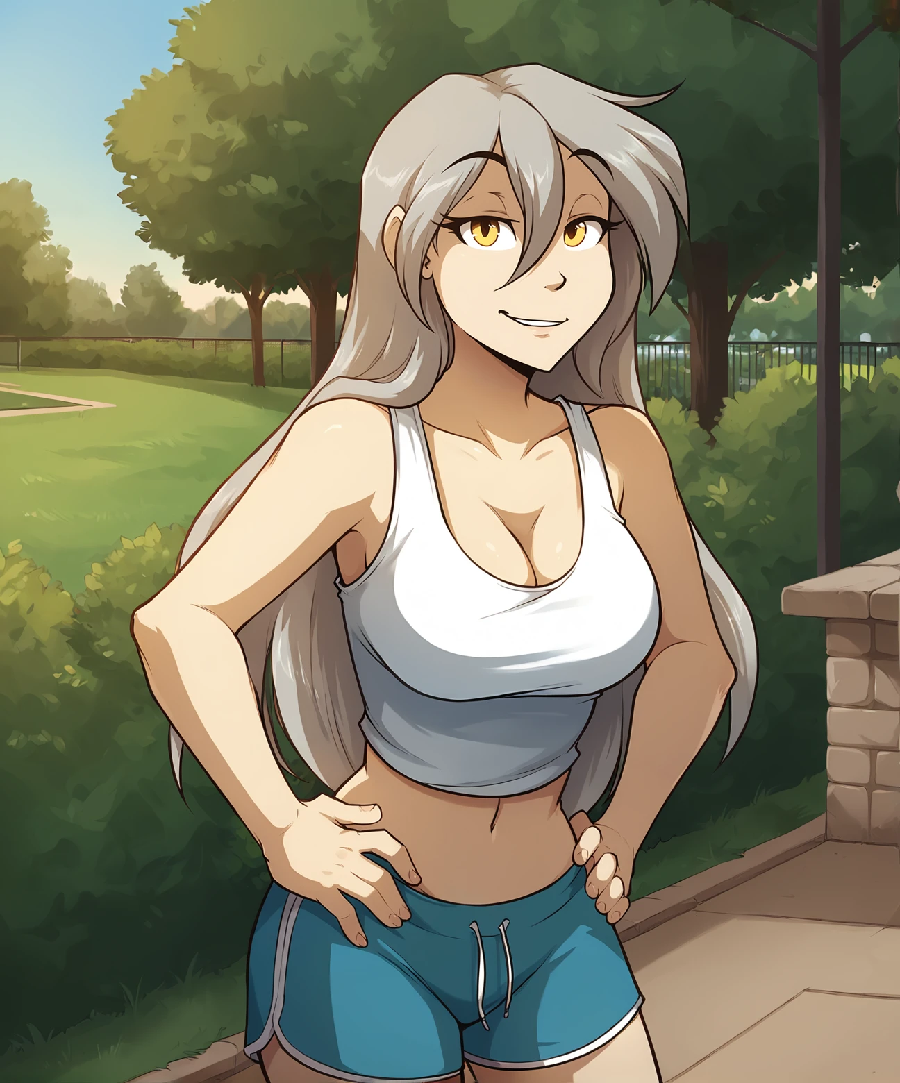 score_9, score_8_up, score_7_up,score_6_up,score_5_up
BREAK
solo, human female, large breasts, (seductive, smug), cleavage, tank top, midriff, dolphin shorts, (outdoors, park), parted lips, hands on hips
BREAK
<lora:Human-Raine-Twokinds-SDXL-AnonTK-V4:0.8> , human--raine-twokinds, human, yellow eyes, long hair,