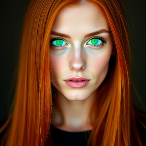 Photographic portrait of a beautiful woman with green tinted eyes eyes, green sclera, long straight red hair.