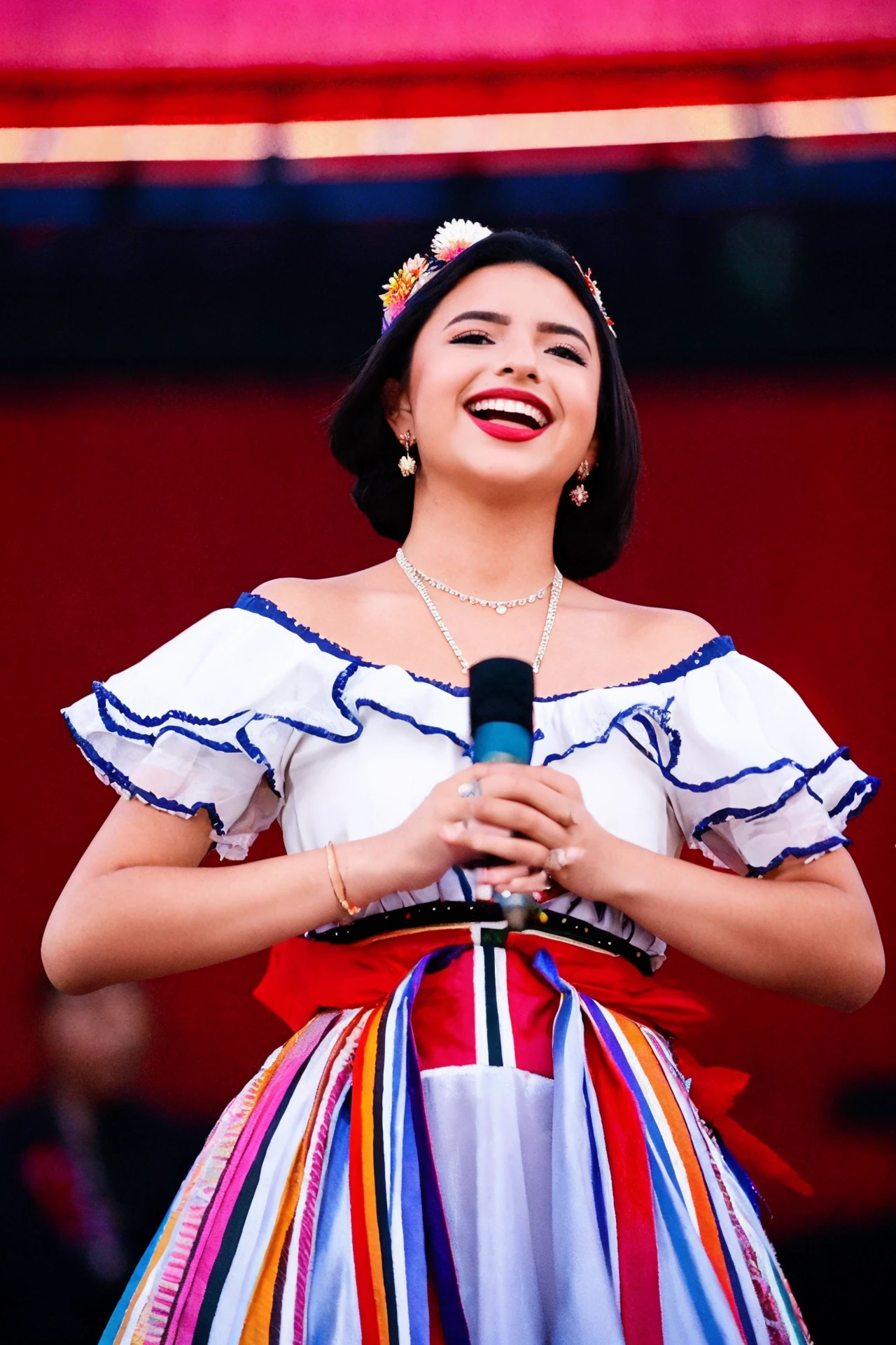 <lora:Angela_Aguilar:0.8>, <lora:ä¸ç©è°èä¸¨æé¨ä¿®å¤2.0_V2.0:0.6>, Raw photo of Angela Aguilar wearing a Mariachi outfit singing at a concert in an outdoor stage at night, perfect hands, delicate hands, sharp focus on subject, happy, Shot with a Nikon F3 and a 35mm f/2 lens, using Kodak Portra 400 film stock