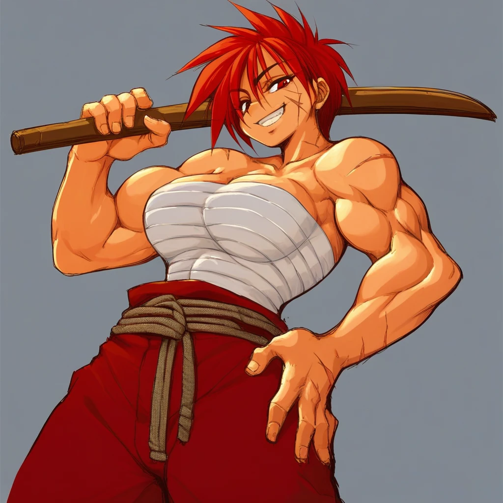 Score_9, score_8_up, score_7_up, score_6_up, score_5_up, score_4_up, AzumiHojo, Red hair, red eyes, scars on face, bandages around breasts, bandages around waist, red baggy pants, belt rope, barefoot, wooden sword, Muscular female, large breasts, dark skinned, lidded eyes, grin, bokko, standing, on shoulder, weapon on shoulder, hand on hip