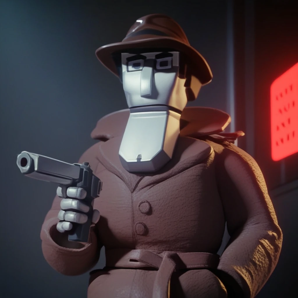 score_9_up, score_8_up, score_7_up, score_6_up, dick_spanner, 1boy, solo, robot, brown fedora, brown trench coat, belt, hand in pocket, holding a handgun, in a detectives office, noir lighting, (painted art)