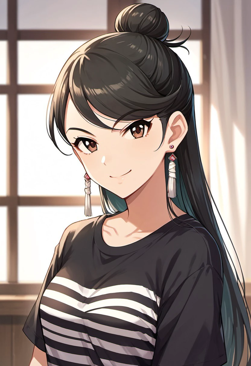 score_9, score_8_up, score_7_up, source_anime,kirino aya, black hair, long hair, brown eyes, 1girl, solo, earrings, jewelry, bandages, hair bun, smile, single hair bun, looking at viewer, shirt