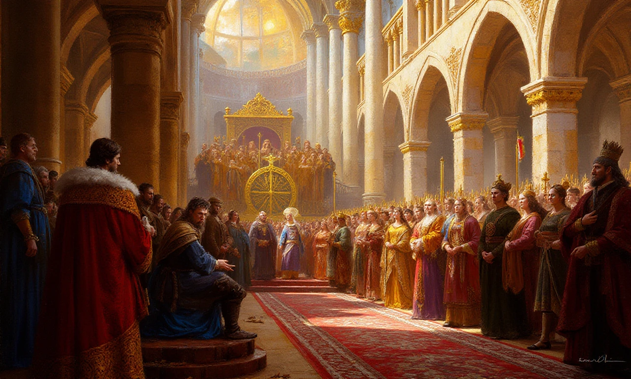 Digital oil paint with lots of impasto in the style of ck3, A medieval king's coronation in a grand cathedral, The painting style should emulate thick oil paint textures with lots of impasto, blended colors, and a mix of detailed figures with more impressionistic backgrounds, <lora:ck3:1>