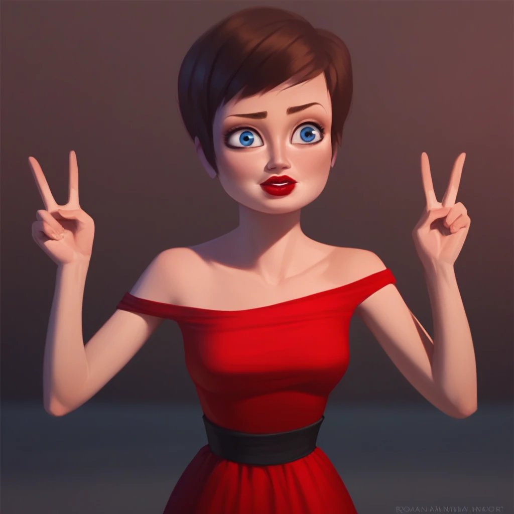 score_7_up, BREAK, 1girl, solo, RoxanneRitchi, brown hair, short hair, blue eyes, lipstick, red dress,  cowboy shot, double v,