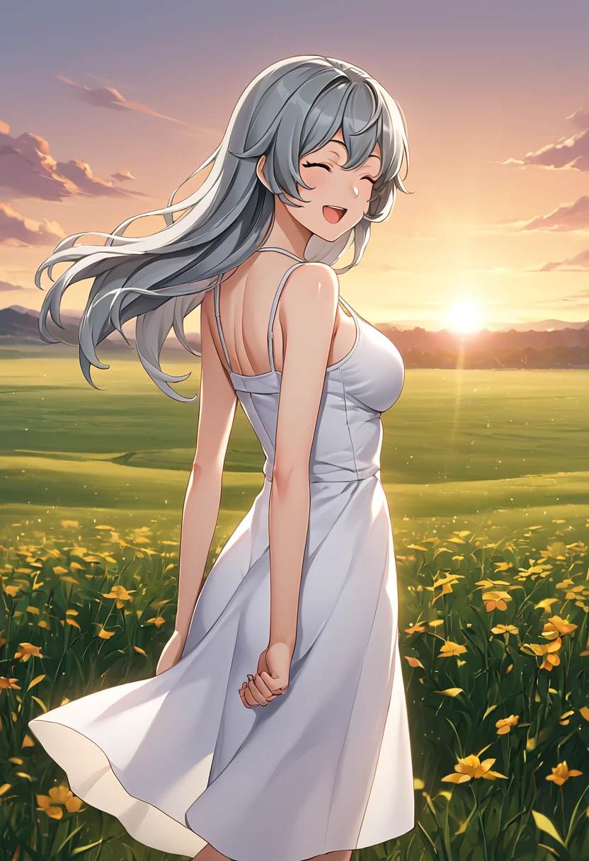 syr_flova, gray hair, long hair, closed eyes , medium breasts, official art, sundress, BREAK outdoors,sunset, field of wheat, BREAK from behind, looking back, looking at viewer, sexy face, smile, cowboy shot, open mouth, arms behind back, BREAK score_9, score_8_up, score_7_up, source_anime ,zPDXL, perfect hand  <lora:Syr_Flova:0.8>