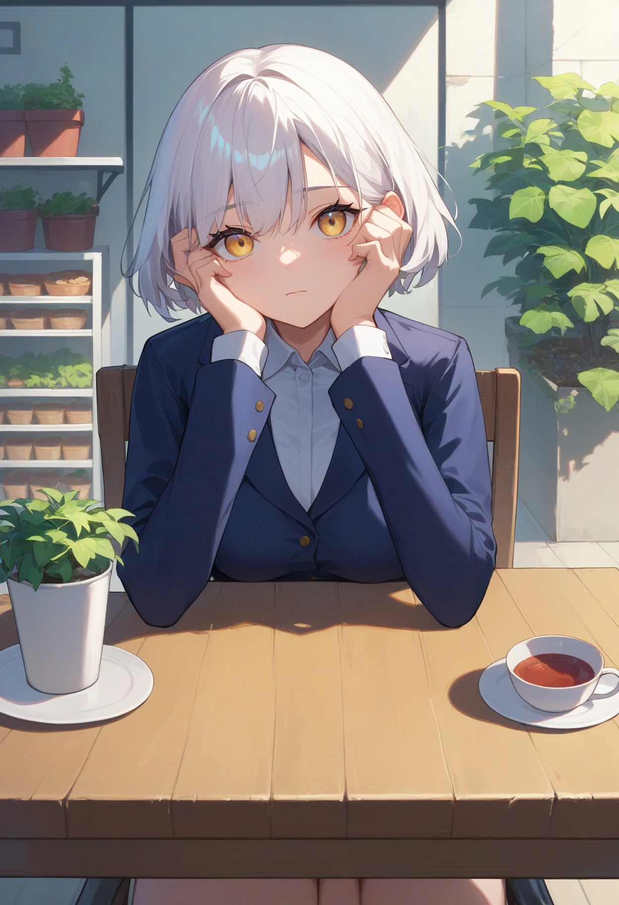 score_9, score_8_up, score_7_up, best quality, masterpiece, source_anime, 1girl, sitting, on chair, hands on cheeks, closed mouth, chair, table, wooden table, cup, plant, potted plant, white hair, yellow eyes, short hair, solo, eyelashes, medium breasts, shadow, outdoors, shop, collared shirt, shirt, looking at viewer, pov across table