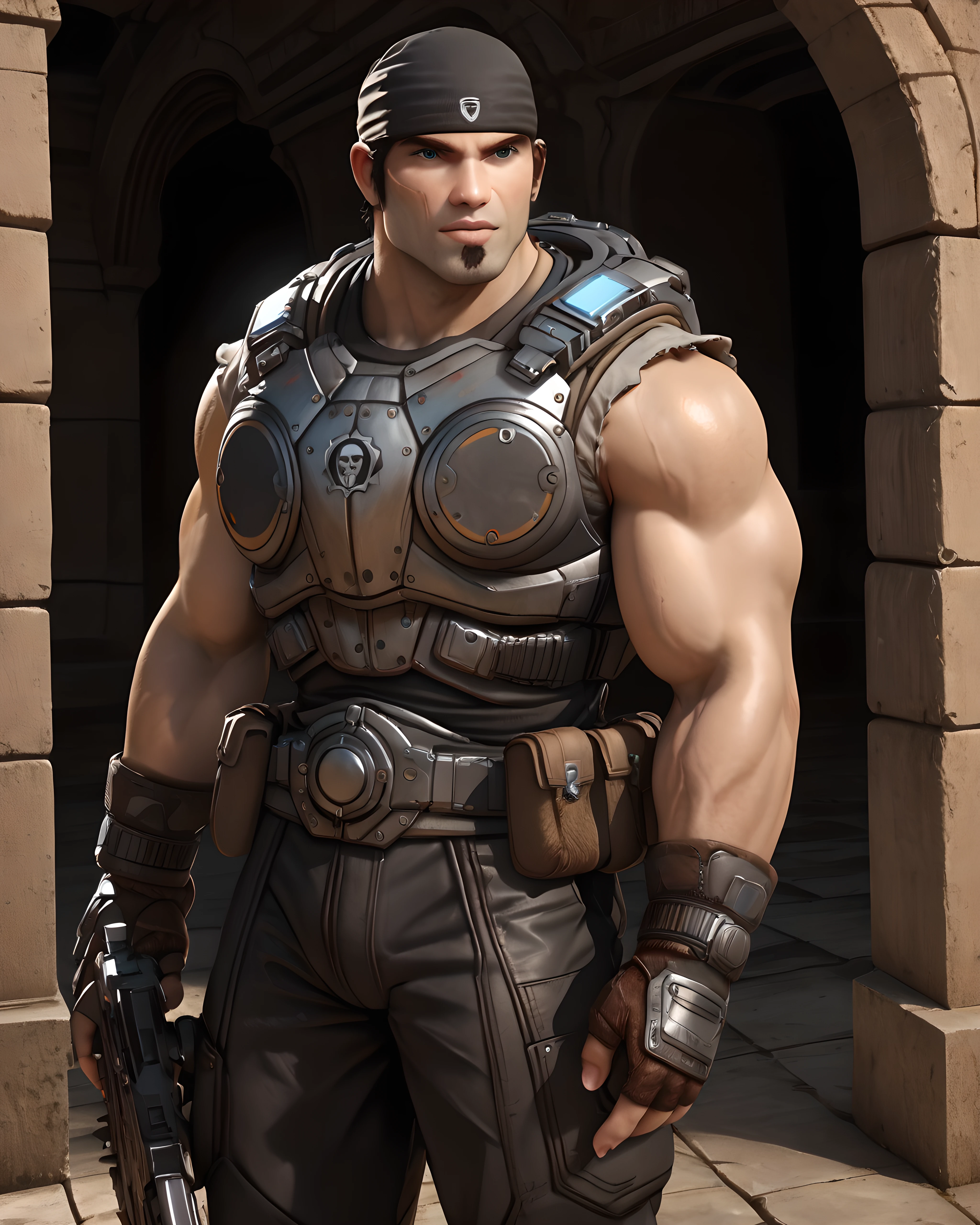 <lora:Marcus_Fenix_PonyXL-10(2):0.9> og_marcus_fenix, ruins, standing, trigger discipline, holding rifle, rifle, (muscular:1.4), (long vertical scar :1.3), goatee, looking at viewer, blue eyes, sleeveless armor, long pants, bandana, score_9, score_8_up, score_7_up,