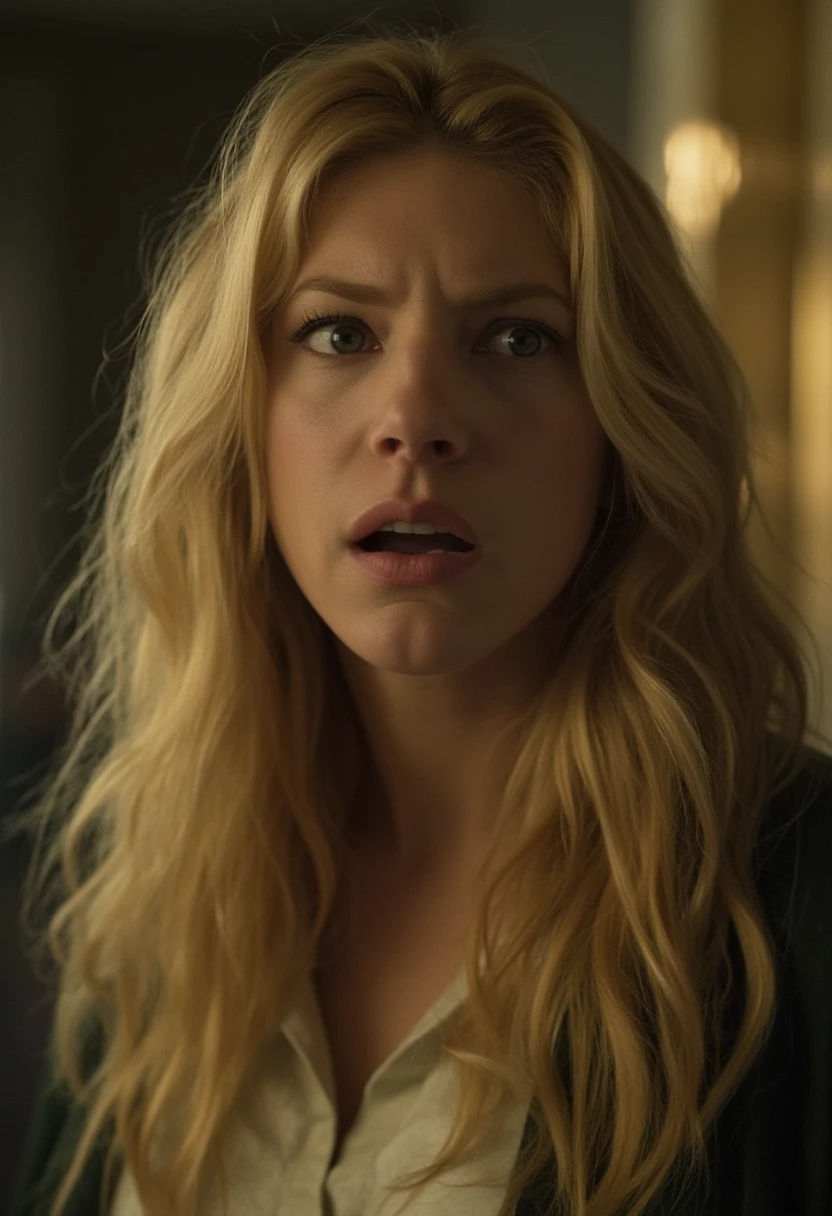 film grain, cinematic quality, katheryn winnick as a character from the movie se7en, shocked, surprised, in the style of se7en, long blonde hair, fine art photography, film still, movie scene, 