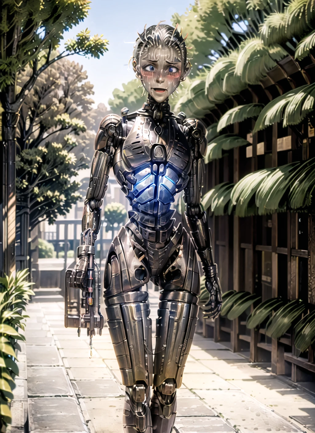 (highres, liquid metal face, silver face, cute face, nervous smile, 1girl, s-t-x(terminator), Simeon Solomon, chibi, looking to the next:1.4), (masterpiece, glowing robot ears, mechanical parts, smiley face, robot girl:1.35), In this extremely detailed and intricate romanticism masterpiece, the artwork shows the scene a little robotic princess is standing at botanical garden of royal palace. This combat android is looking to the next siphonogamae at sides of a road of garden with curiosity, simutaneously inputting its visual information and analyzing it by her electronic brain. Polishing body of this blessed robot girl and inner intricate mechanical parts absorb sunlight and creates a stunning reflective sheen, revealing extreme beautiness added by god. (android, garden, terminator \(series\), glowing blue, terminator 3, chrome metal:1.75), wide shot, <lora:bstx-000002:0.53>