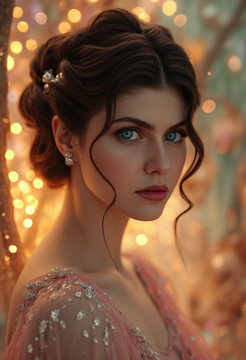 highly detailed photorealistic photography of (alexandra daddario), complex composition, woman with dark hair, blue eyes, intricate hairstyle with pearls, pastel dress, glowing background, exaggerated background details, vibrant colors, intricate textures, dynamic lighting, whimsical and magical atmosphere, very detailed and complex skin texture, best quality skin texture