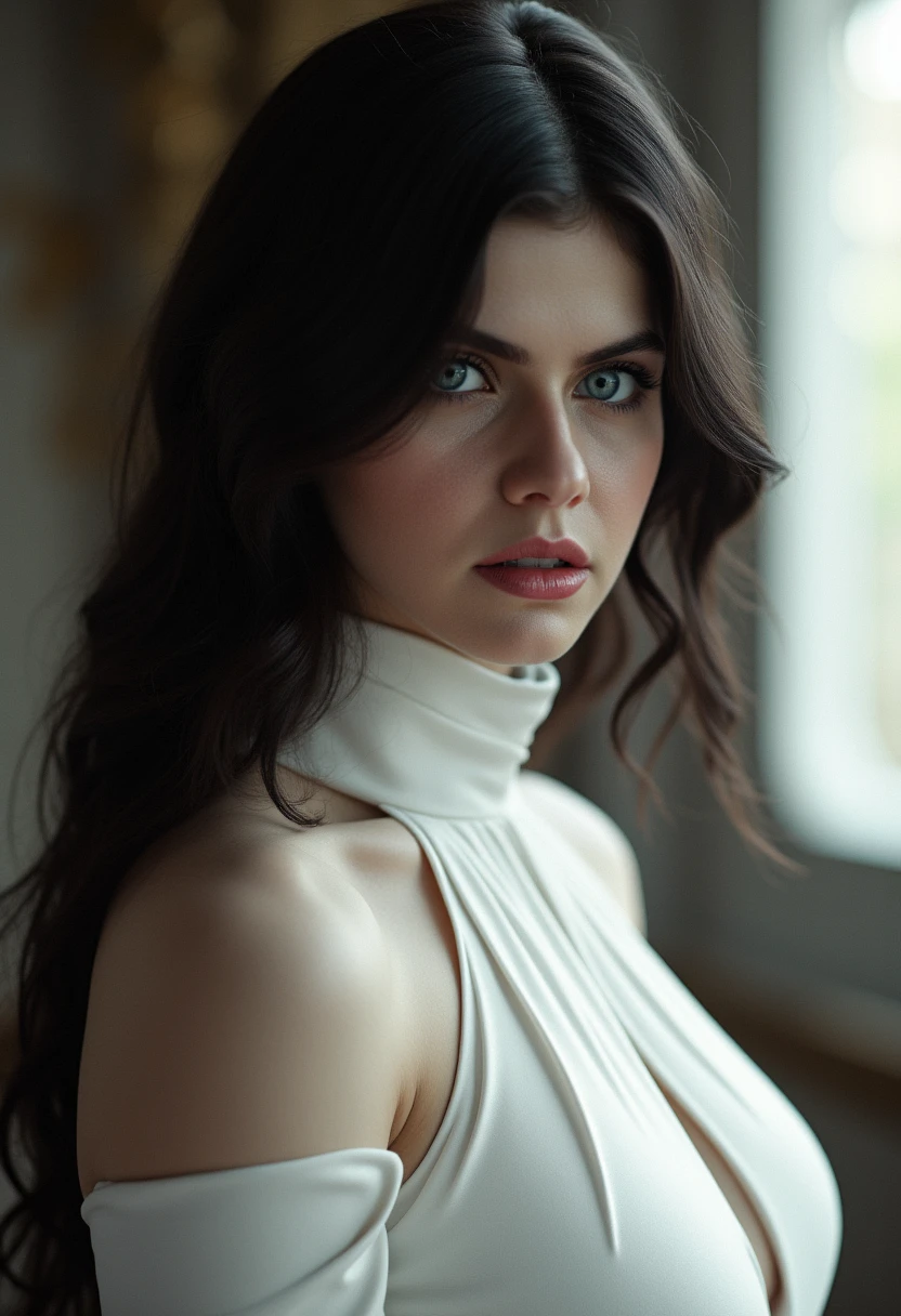 hyperrealistic photo of (Alexandra Daddario with long black hair) wearing a white high-neck dress captured with a Canon EOS 90D in stunning high resolution, by Greg Rutkowski, intricate details, depth of field,
