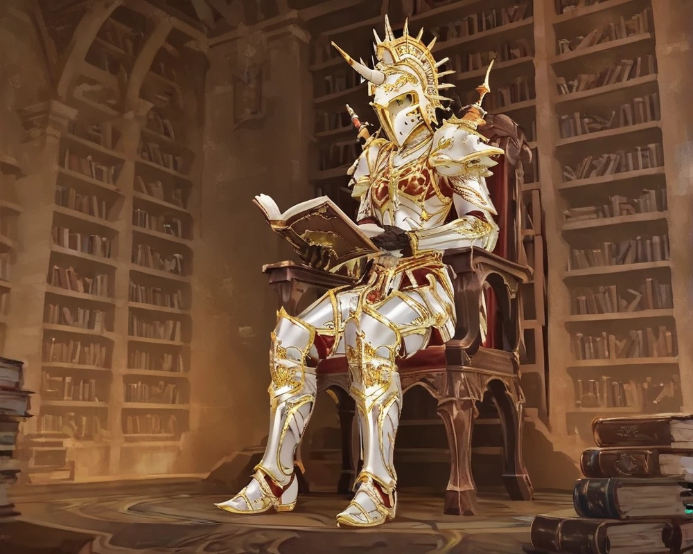 <lora:D3_Necromancer_FORPONY:1> Necromancer,  Inarius, armor, helmet, sitting on a chair, library, indoors, reading a book