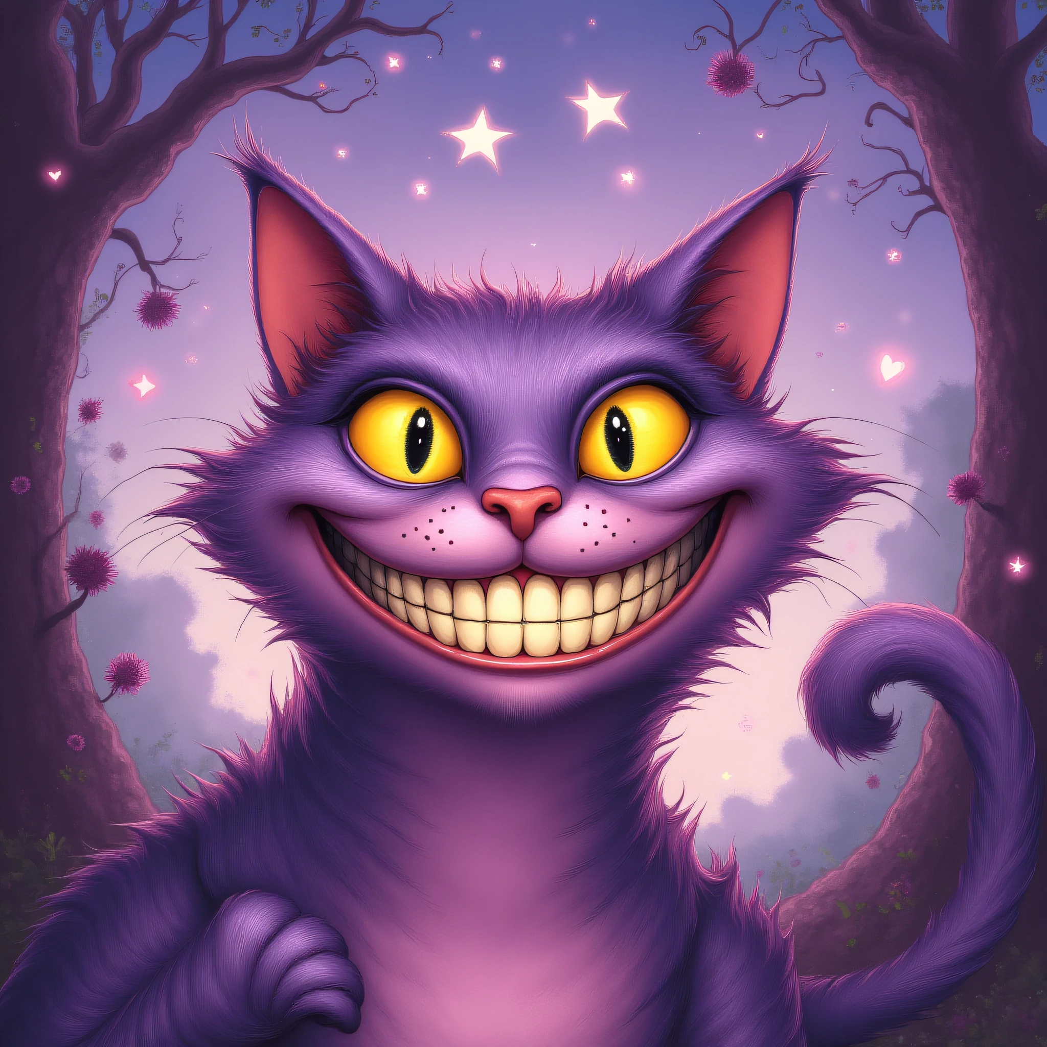 ArsMJStyle, Wonderland, dreamy purple landscape, grinning cheshire cat in the sky