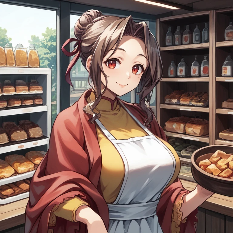 score_9, score_8_up, score_7_up, score_6_up, source anime, BREAK, <lora:Mistel:0.75> , misdef, 1girl, long hair, brown hair, red eyes, hair bun, hair ribbon, ribbon, red shawl, yellow dress, white apron, (upper body), looking at viewer, smile, happy, mommy, motherly, closed mouth, serene, large breasts, (mature woman), <lora:zy_Detailed_Backgrounds_v1:0.3> , detailed background, highly detailed, indoor, shop, clutter,   <lora:y0tt4:0.7> , y0tt4,  <lora:backgroundsetXL:0.4> , background,