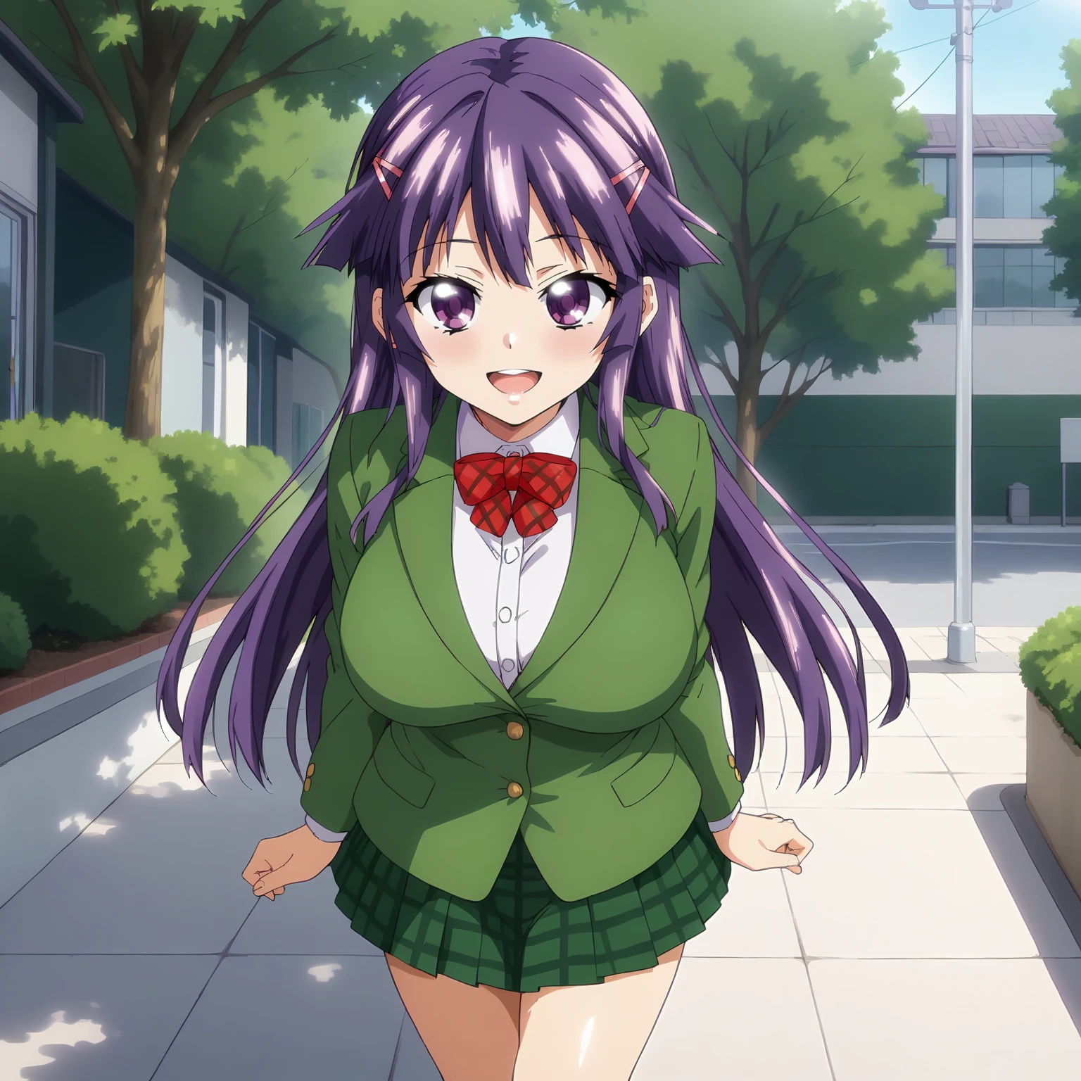 <lora:CcKN_ChizuruShiinaXLpony001>,
looking at viewer,smile,open mouth,
solo,
ChizuruShiina,1girl,purple hair,long hair,hairclip,purple eyes,
large breasts,
green jacket,red bowtie,
green skirt,plaid skirt,
outdoors,
standing,