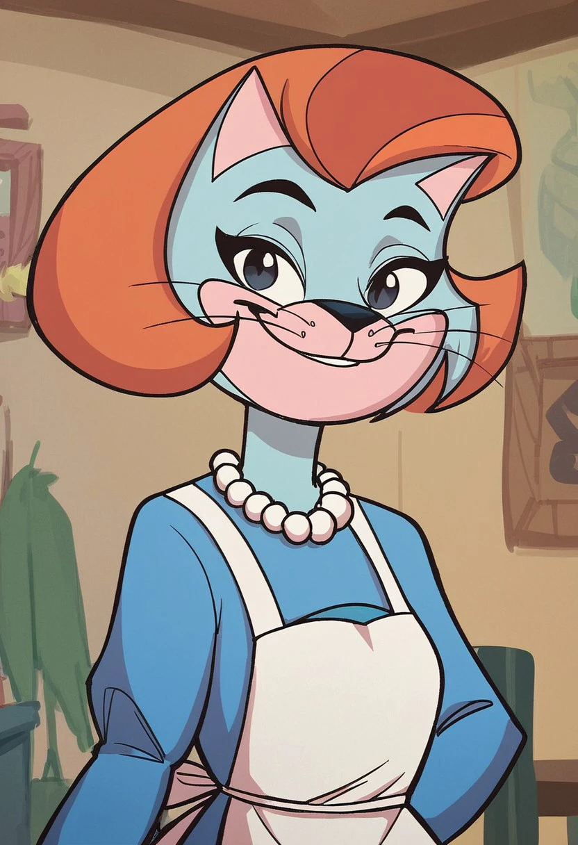 score_7_up, score_8_up, score_9, 2d, cartoon, 
trixie-topcat, catgirl, anthro cat, blue fur, orange brown hair, black eyes, blue and white polka dot dress, pearl necklace, white apron, 
smiling, looking at viewer, upper body view,