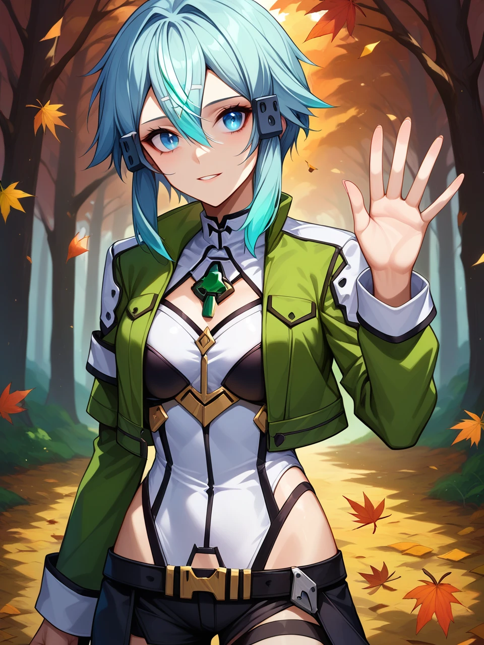 score_9, score_8_up,score_7_up, source_anime, expressiveh
sinon, light blue hair, light_blue_eyes, hair between eyes, hair ornament, hair ribbon, short hair,, thigh strap, green thighhighs
medium breasts, fingernails,front view,
(cropped jacket:1.2), green jacket,black shorts, standing, (waving:1.2), white leotard, 
A peaceful autumn forest path covered in fallen leaves, 
<lora:Expressive_H:0.2>  <lora:sinon normal 0.6 ext:0.8>