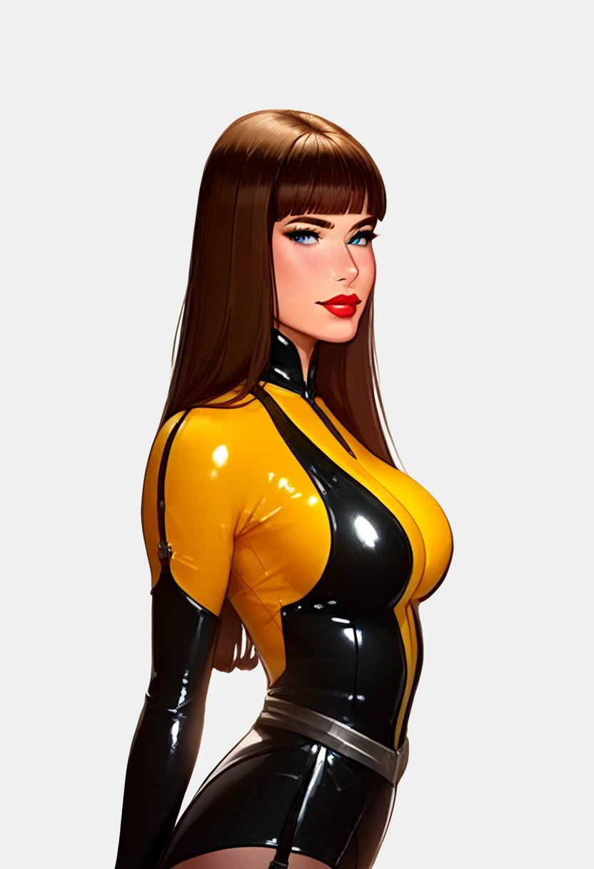 score_up_9, score_up_8, score_up_7, best quality, hd, 2d,  beautiful face, blue eye colour, upper body, side view,luscious lips, red lipstick, puckered lips, smirk, from behind, turning back, from side, 4kFacePonyXL, facing left,
Silk Spectre, 1girl, solo, brown hair, blunt bangs, long hair, stilettos, Latex, bodysuit, Leotard, black thighhighs, garter straps, elbow gloves, standing, full body, large breasts, skinny waist, wide hips, thick thighs,