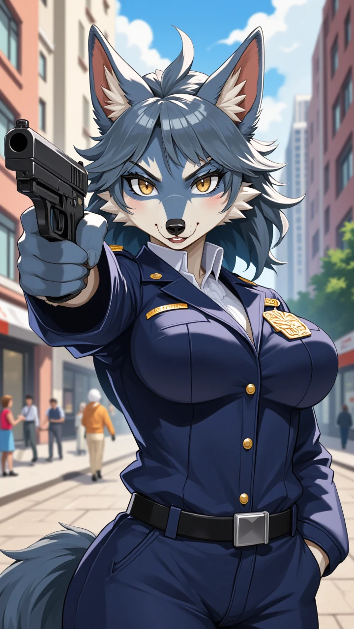 flat 2d anime illustration, wolf girl dressed as a police officer holding a gun aimed at the viewer, city street background