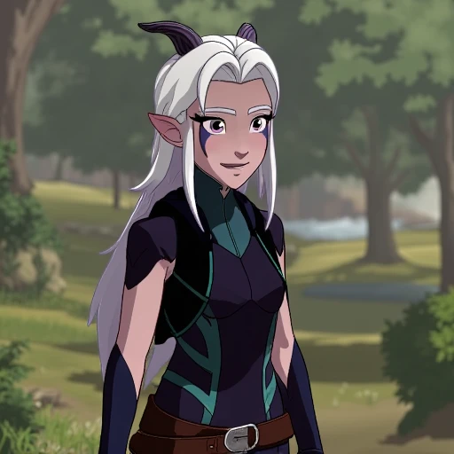 rayla, long hair, white hair, horns, pointy ears, purple eyes, boots, belt, bodysuit, outdoors, nature, smile, looking at viewer, dutch angle, cowboy shot,