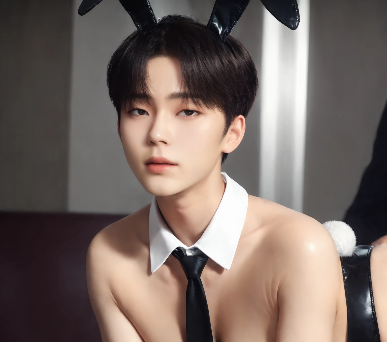 realistic,4k,highres,score_9, score_8_up, score_7_up, 1boy,male focus,highres,<lora:kboy3:0.8>,short hair,slutty,(forehead:0.6),playboy bunny, rabbit ears, black necktie,