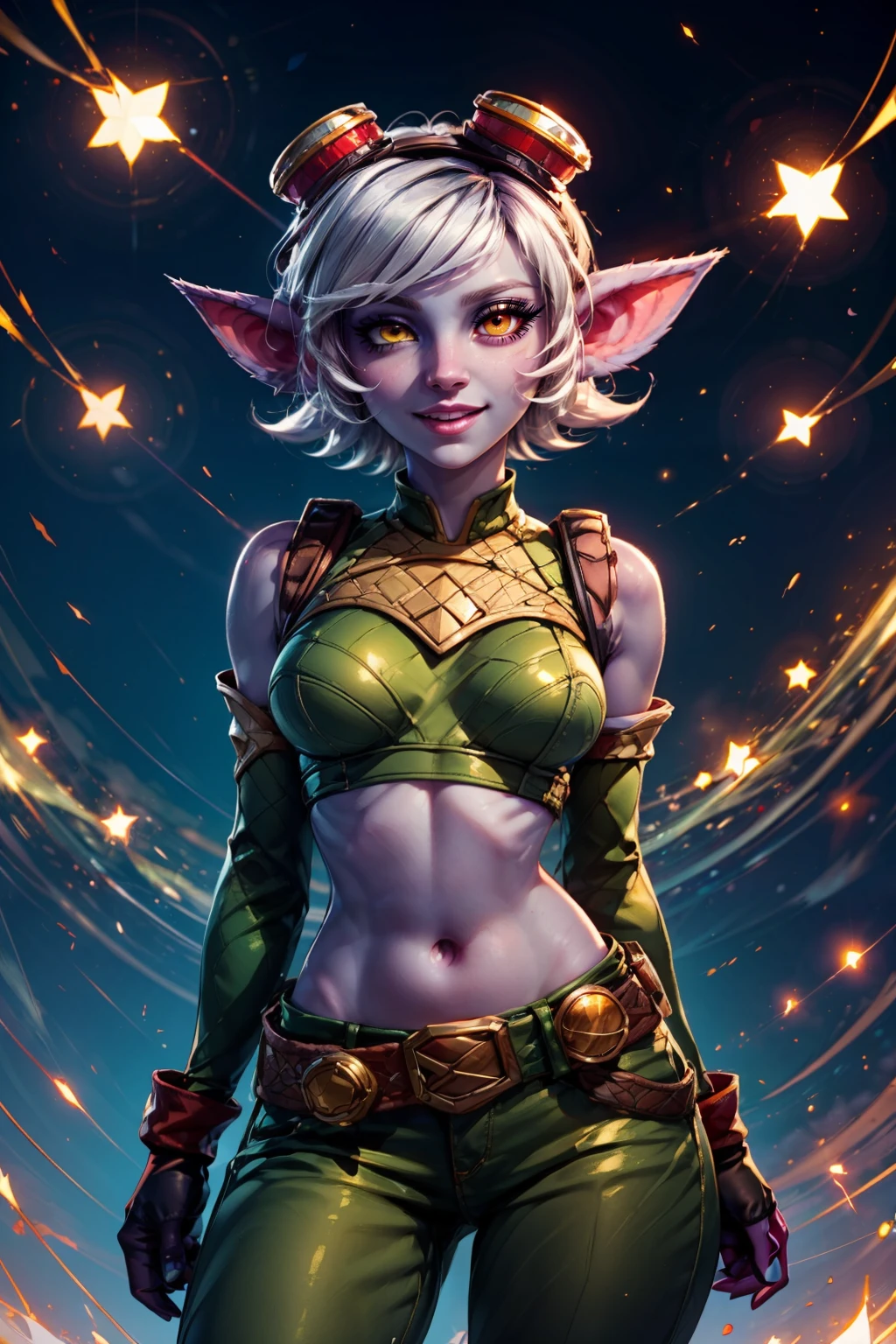 (ultra realistic,32k, masterpiece:1.2),(high detailed skin:1.1),( high quality:1.1), BREAK,   <lora:Tristana_Leagueoflegends:0.7>,  zzTristana, yordle, yellow eyes, pointy ears, white short hair, goggles on head, purple skin, medium breasts, green crop top, navel exposed, arm sleeves, fingerless gloves, green pants, belt, grenade belt, confident stance, dynamic pose, vibrant cityscape in the background, playful expression, glowing lights, whimsical atmosphere,  BREAK,  blooming stars, luminescent petals, otherworldly fragrance blurry background, (looking at viewer, standing:1.1), huge breast, large breast, <lora:add_detail:0.92>, (glowwave:1.1),