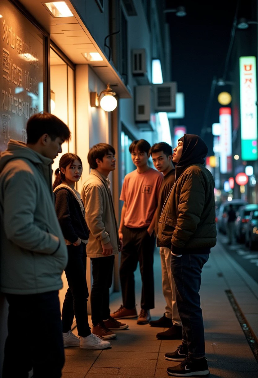 A photo of friends hanging around at a street corner, looking into the camera, 90s , in the streets of tokyo, at night, 90STOKYO