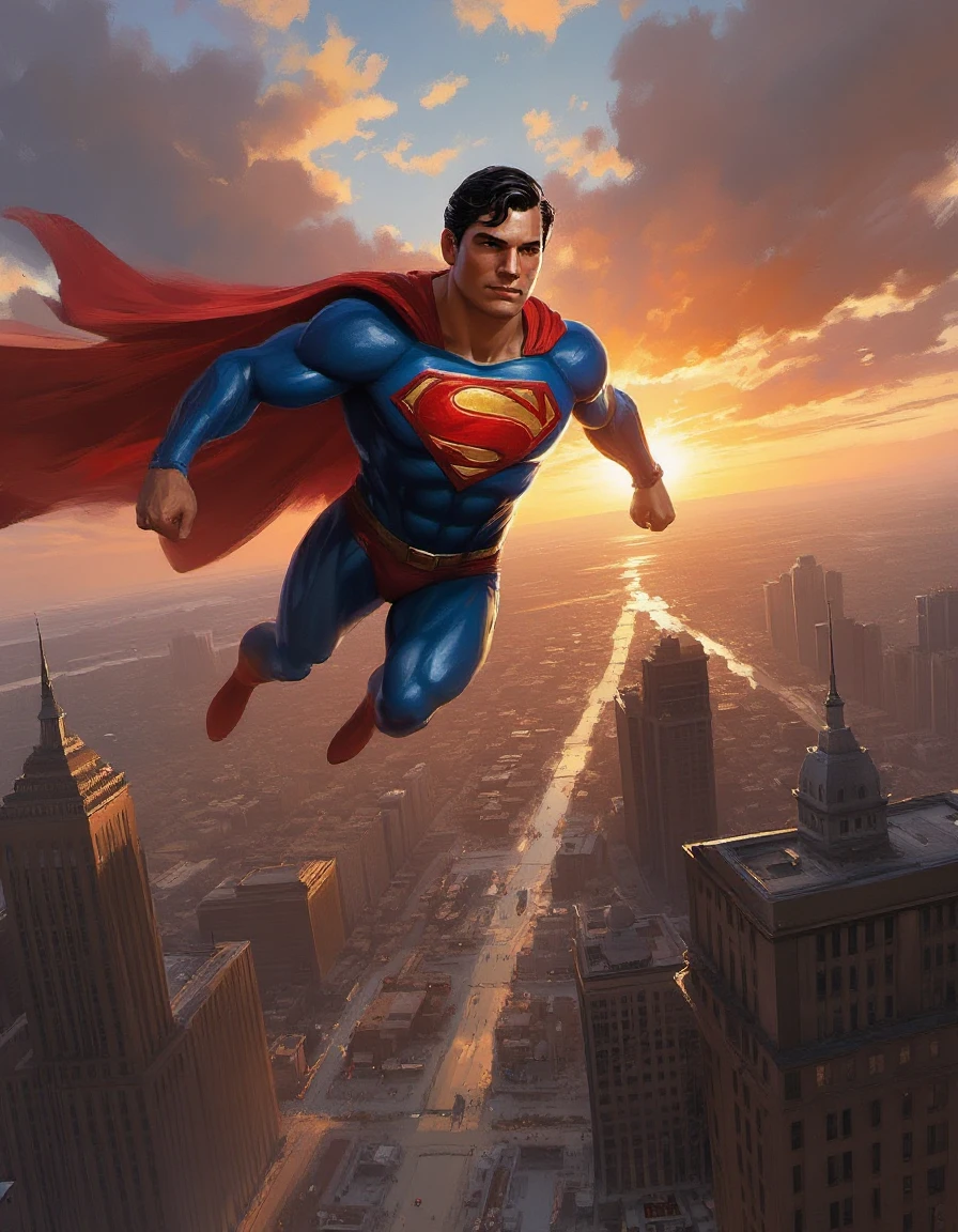 digital painting dynamic closeup of Superman in flight above metropolis, aerial view at a high elevation in the late afternoon under a dramatic sun and sky