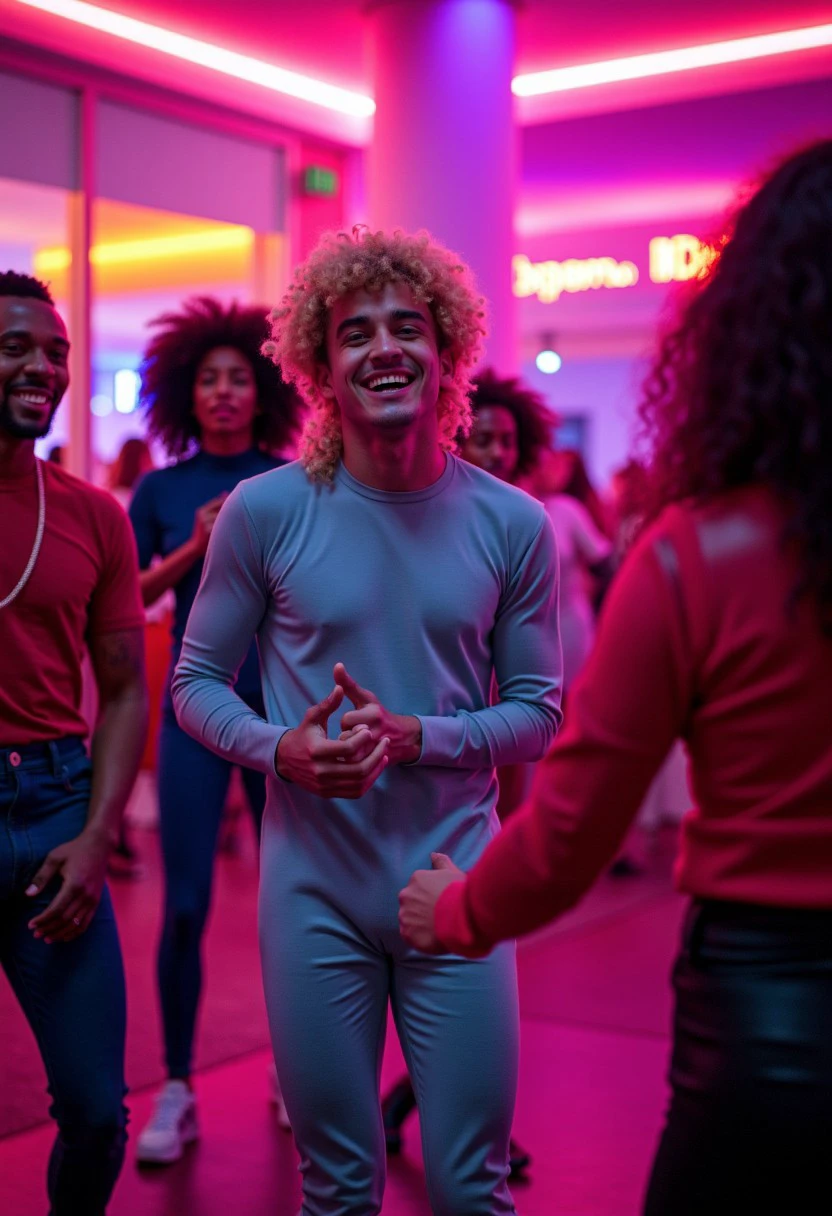 A medium shot of a group of 30-year-old adults cosplaying characters from an 80s video game at a dance party. They are dressed in an array of monochromatic colorful, neon-themed costumes that. The group is dancing and laughing, capturing the fun, stylish, and energetic vibe of the event. The room also is decorated with bold bright neon colors.