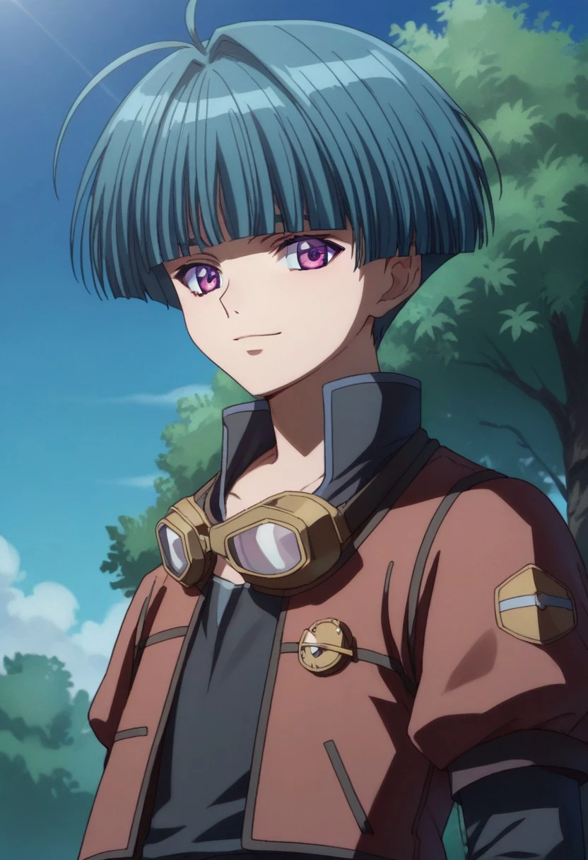 score_9, score_8_up, score_7_up, source_anime, highly detailed, 
elliott, solo, purple eyes, male focus, blue hair, goggles, goggles around neck, 1boy, bangs, 
ahoge, upper body, blunt bangs, short hair, looking at viewer, light smile, facing viewer,
outdoor, sky, tree