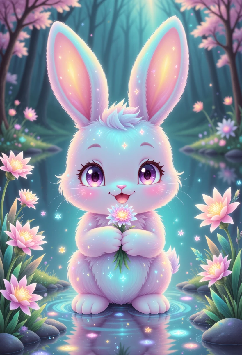 pastel iridescent colors,  glowing, A kawaii bunny smiling holding a kawaii flower on the lake surrounded by kawaii flowers of white and pink