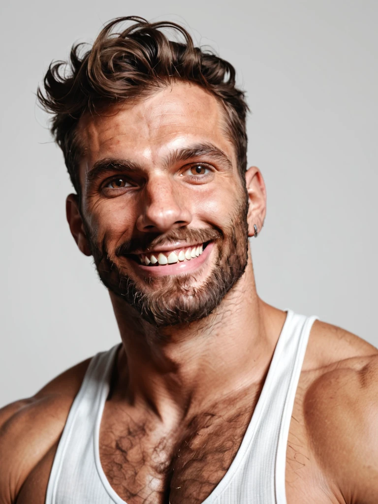 score_9, score_8_up, score_7_up, score_6_up, score_5_up, score_4_up, portrait of a man, Fuat, brown eyes, smiling, tank-top<lora:TrSerkan-Fuat-Pony-v1:0.7>