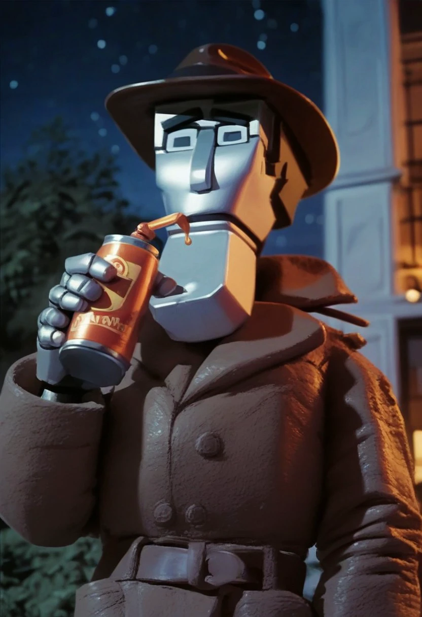 score_9_up, score_8_up, score_7_up, score_6_up, dick_spanner, 1boy, solo, robot, brown fedora, brown trench coat, belt, drinking from a can of oil,  in a sleazy bar, night, , (painted art)