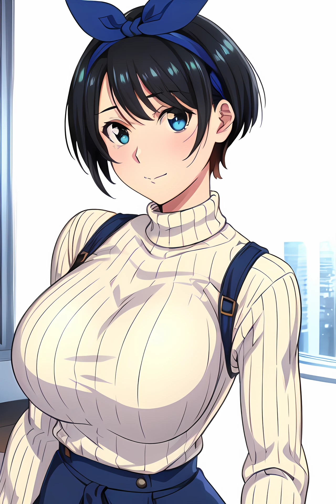 Simple Background,(White_Background:1.1),
dynamic pose,standing at attention,
white ribbed sweater,long sleeves, turtleneck, 
<lora:Ruka_Sarashina_Kanokari-KK77-V1:0.7>,Ruka_Sarashina_Kanokari,
blue eyes, black hair,bangs,short hair,Makeup, red lipstick, blue ribbon,blue hairband,
<lora:more_details:0.1>,<lora:NovelAI_YesMix5_KKStyle-KK77-Yes5-V1:0.3>,<lora:Oda_Non_Style2-KK77-Yes5-V1:0.3>,
1 girl, 20yo,Young female,Beautiful long legs,Beautiful body,
Beautiful Nose,Beautiful character design, perfect eyes, perfect face,expressive eyes,perfect balance,
looking at viewer,(Focus on her face),closed mouth, (innocent_big_eyes:1.0),(Light_Smile:0.3),
official art,extremely detailed CG unity 8k wallpaper, perfect lighting,Colorful, Bright_Front_face_Lighting,White skin,
(masterpiece:1.0),(best_quality:1.0), ultra high res,4K,ultra-detailed,
photography, 8K, HDR, highres, absurdres:1.2, Kodak portra 400, film grain, blurry background, bokeh:1.2, lens flare, (vibrant_color:1.2),professional photograph,
(Beautiful,large_Breasts:1.4), (beautiful_face:1.5),(narrow_waist),