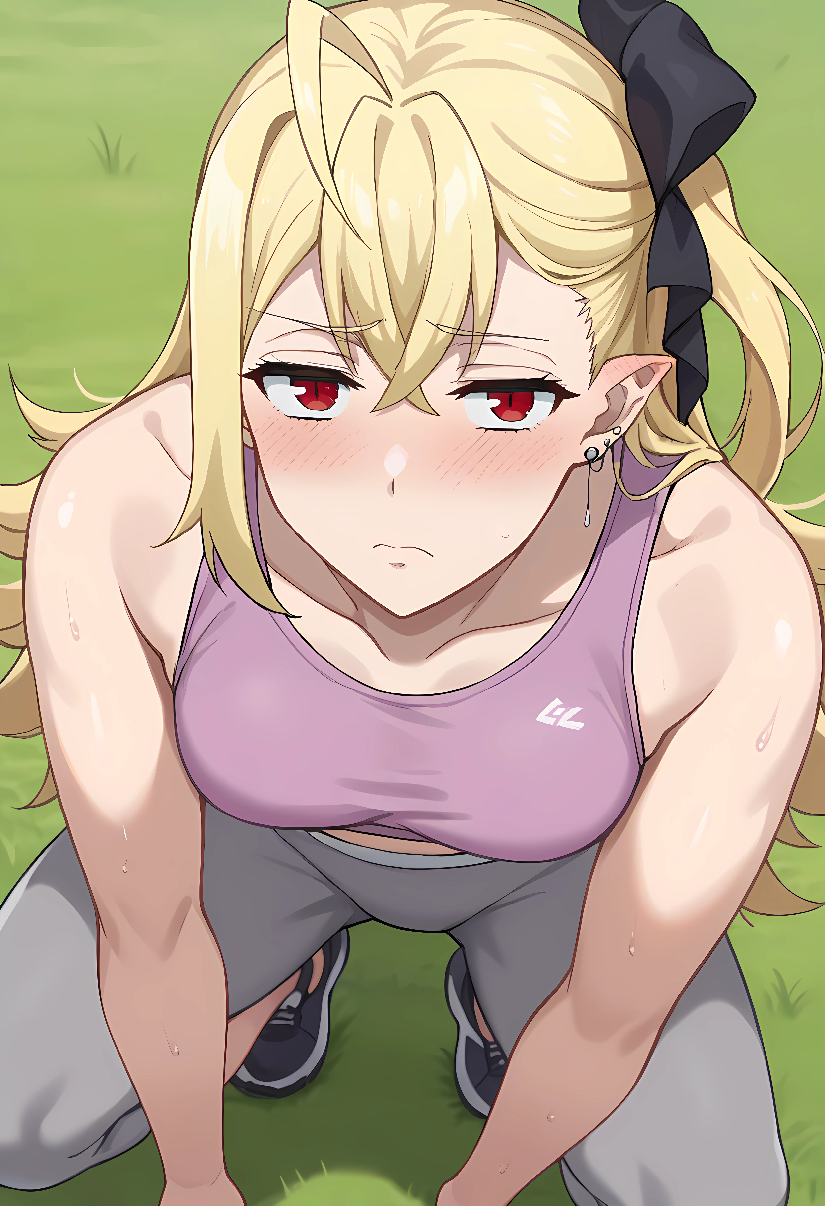 score_9, score_8_up, score_7_up, source_anime, outdoors, grass, C4rm1lla,1girl,long hair, blond hair, red eyes, hair between eyes, ahoge, hair bow, jewlry, earrings, pointy ears, tired, sweat, blush, exercise, sportswear, pink sports bra, grey pants, pants, squatting,
pov, view from above, looking at viewer,
<lora:Carmilla:0.8>